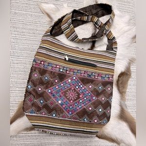Bohemian indie beaded embroidered shoulder bag hobo printed multicolor geometric